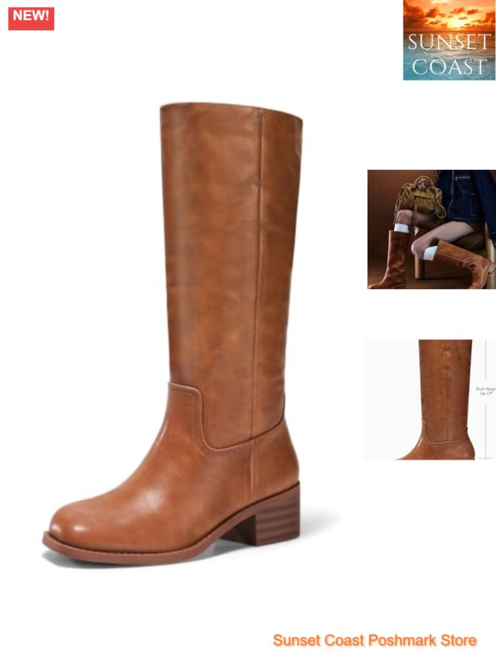 Coutgo Women's Knee-High Boots Square Toe Chunky Block Heel Faux Leather Pull-On